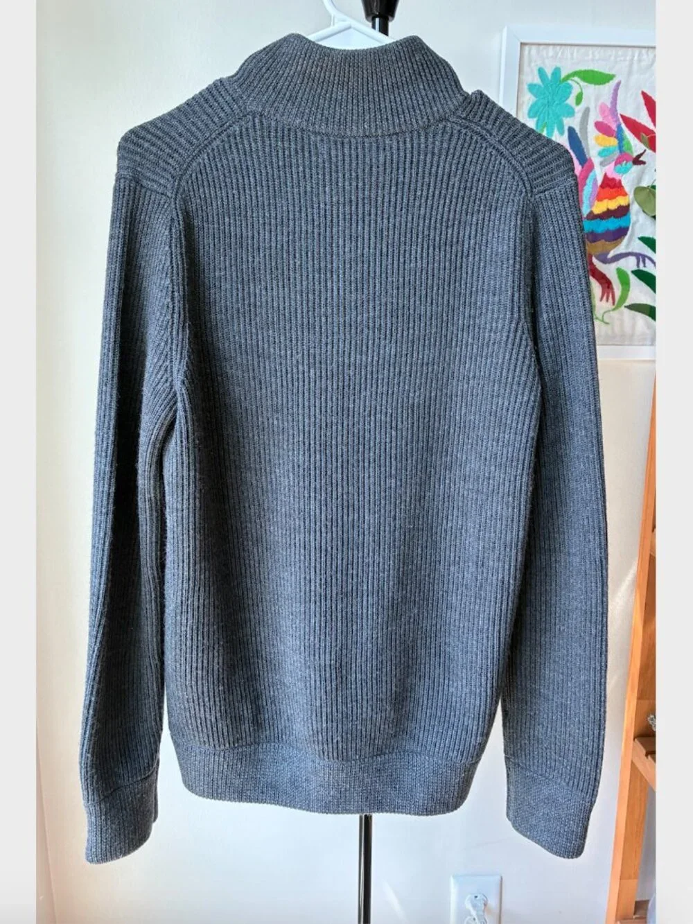 Vince Wool Ribbed Knit Full-Zip Sweater in Dark Gray w/ Leather Details - Size S